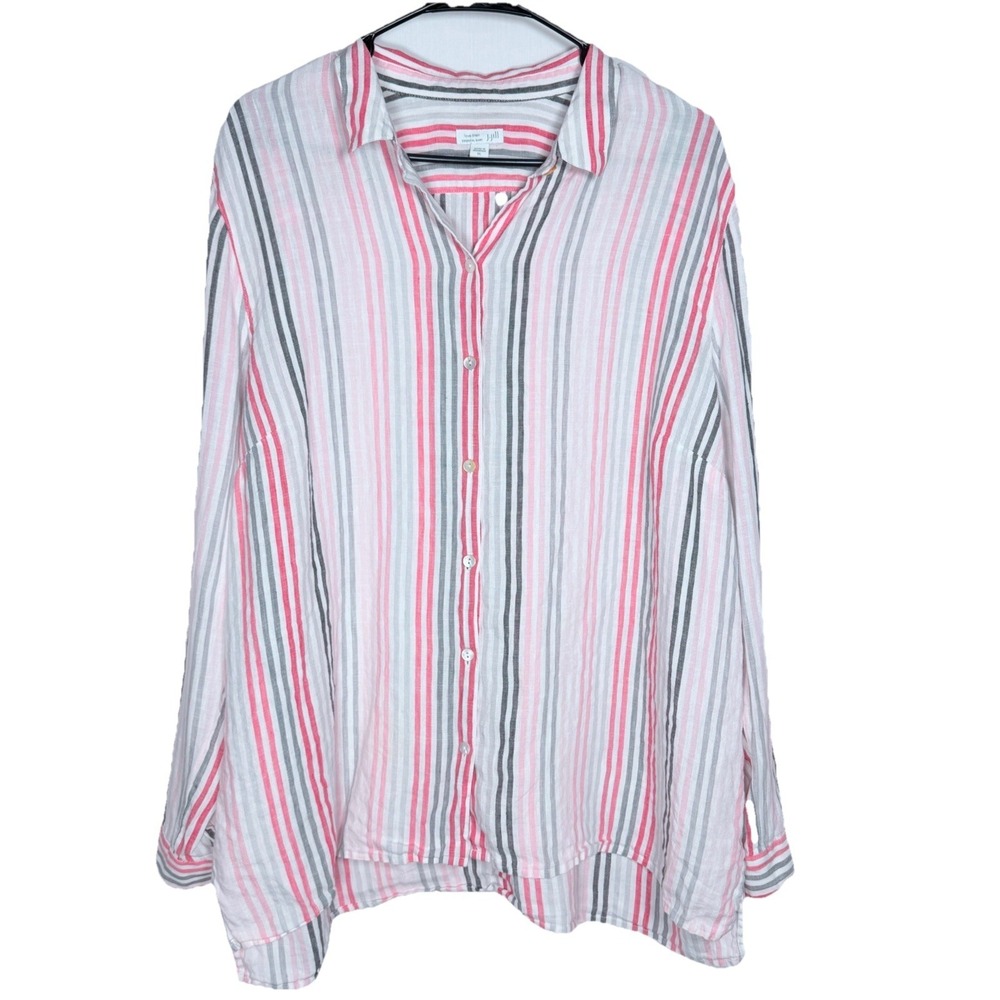 J.Jill Love Linen Shirt XL Red White Gray Stripe Coastal Grandmother Linen